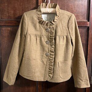 J CREW CROPPED RUFFLED BLAZER CAMEL HERRINGBONE SIZE 10